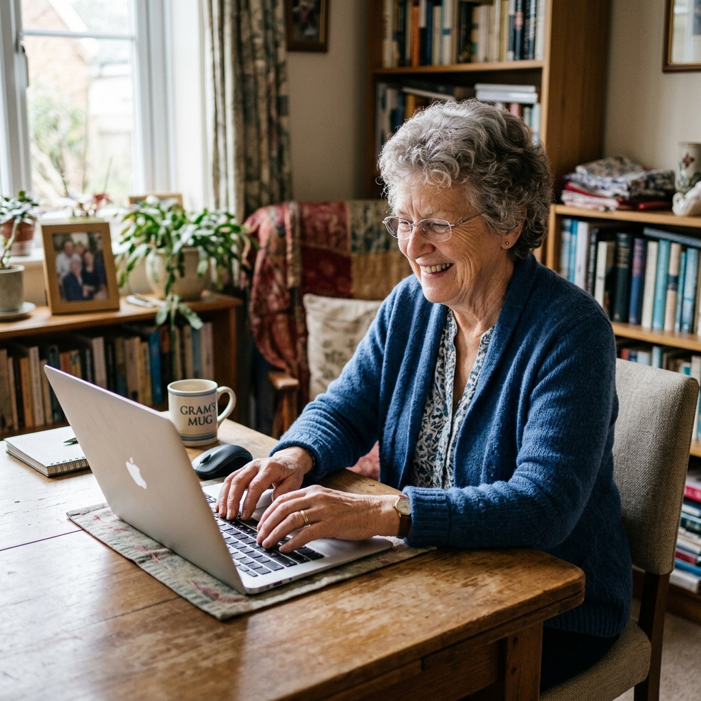 An older woman happily using her laptop