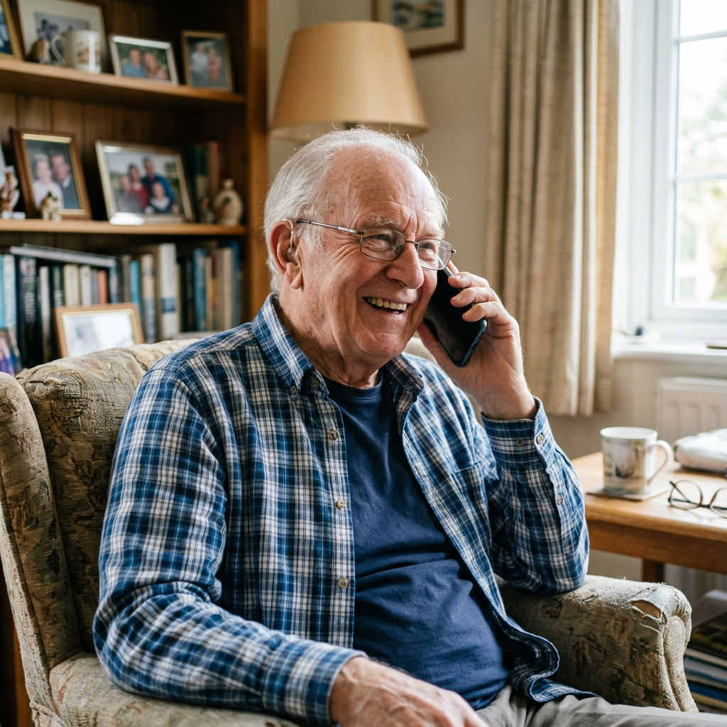 An older man smiling on the phone at home