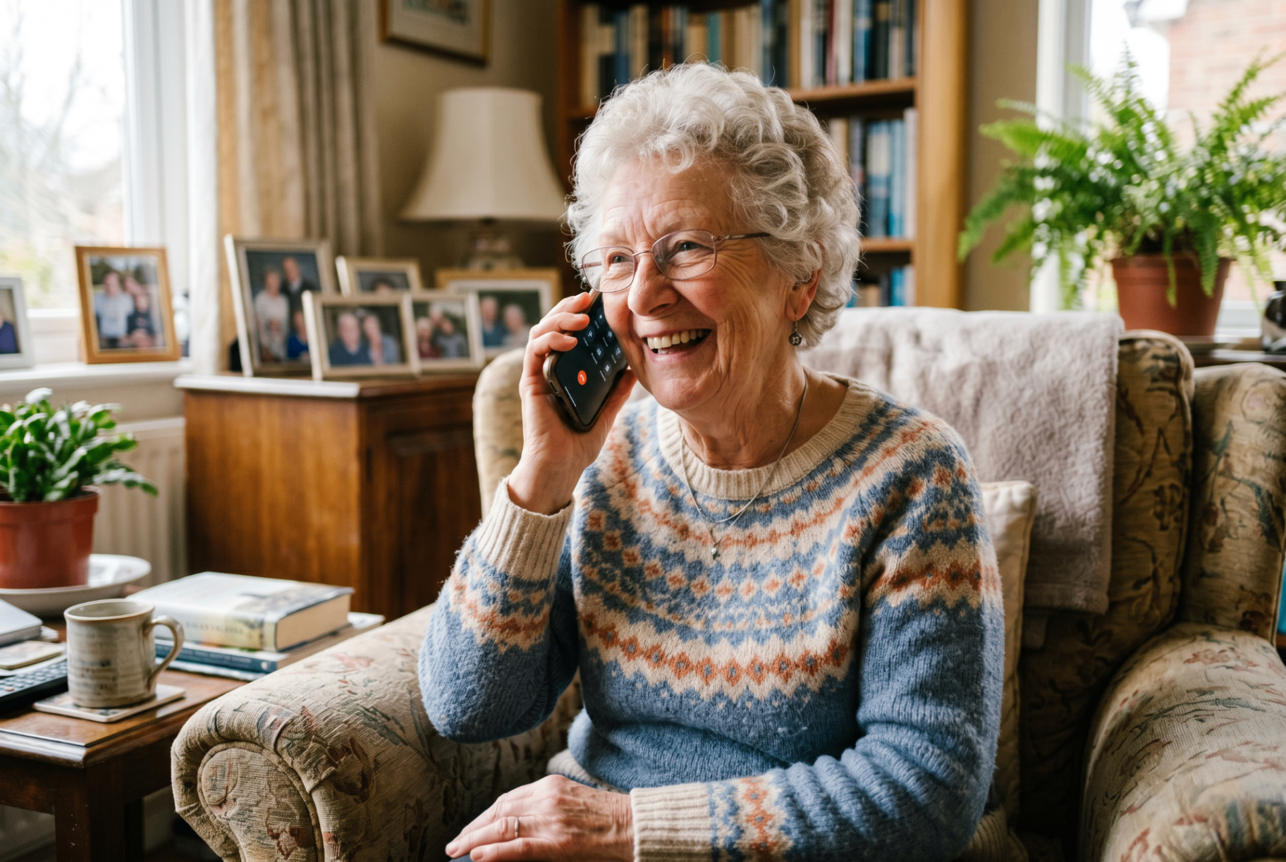 An older woman smiling on the phone at home